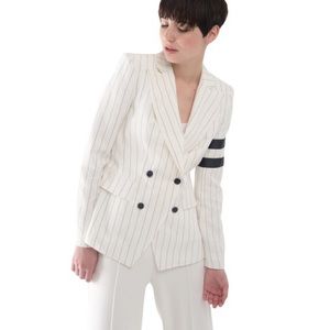 Women's Double-Breasted White Pinstripe Blazer with Sleeve Stripes